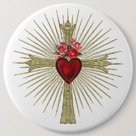 Jesus Gold Cross rotes Herz und Rose Liebe Button