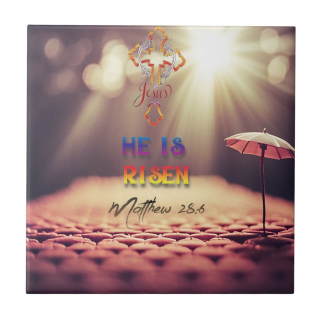 Jesus Golden Cross Er ist Risen Matthew 28:6 Fliese (Vorderseite)