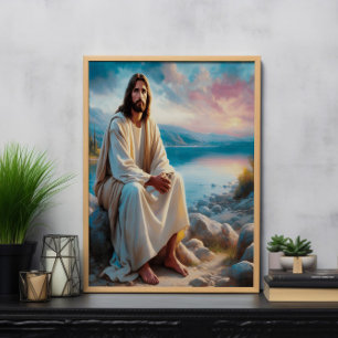 Jesus Göttlicher Frieden neben den Sonnenuntergang Poster
