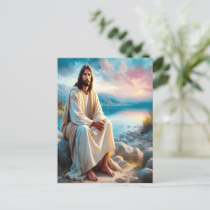 Jesus Göttlicher Frieden neben den Sonnenuntergang Postkarte