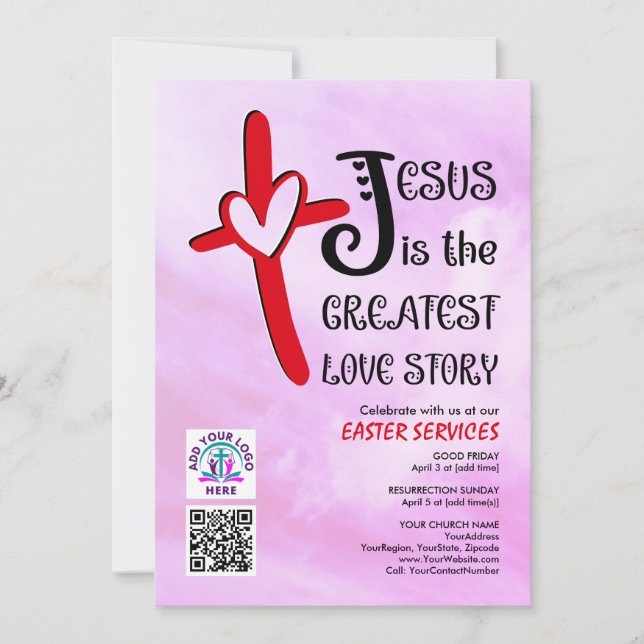 JESUS GREATEST LOVE STORY Logo QR Code EASTER Einladung (Vorderseite)