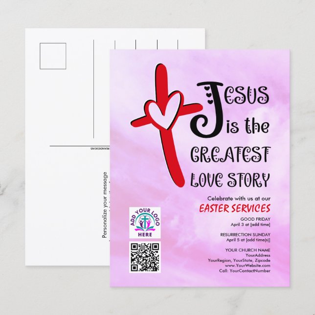 JESUS GREATEST LOVE STORY Logo QR Code EASTER Einladungspostkarte (Vorne/Hinten)
