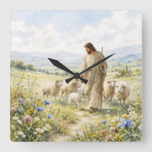 Jesus Guter Hirte Wildblumen Aquarell Quadratische Wanduhr