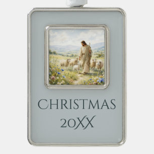 Jesus Guter Hirte Wildblumen Aquarell Rahmen-Ornament Silber