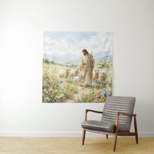 Jesus Guter Hirte Wildblumen Aquarell Wandteppich