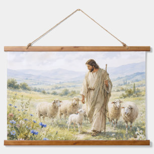 Jesus Guter Hirte Wildblumen Aquarell Wandteppich Mit Holzrahmen