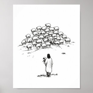 Jesus hält das verlorene Lamm mitten unter der Her Poster