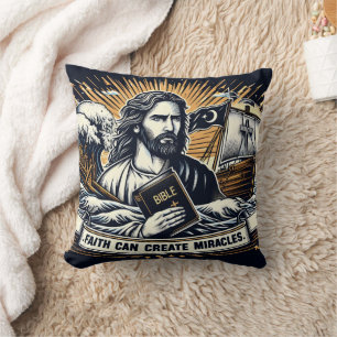 Jesus hält die Bibel inmitten stürmischer Meere un Kissen