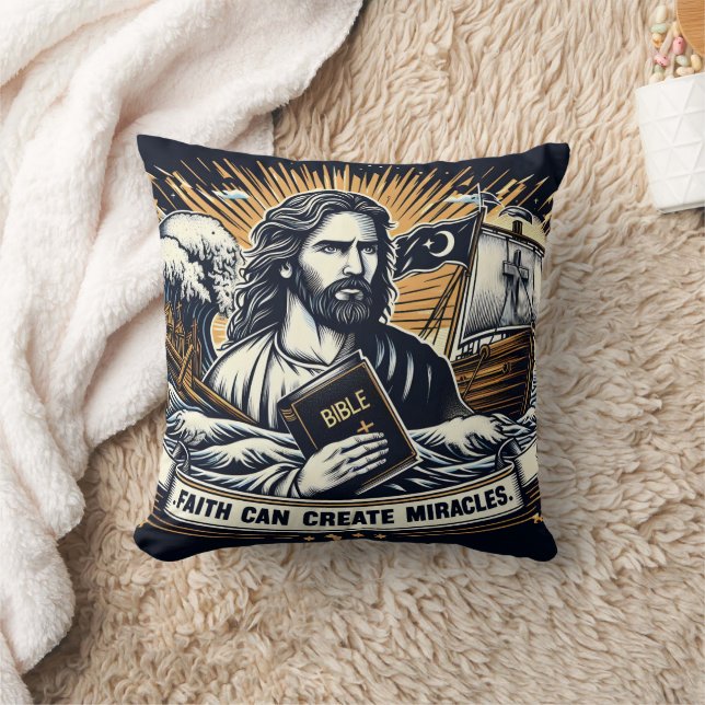 Jesus hält die Bibel inmitten stürmischer Meere un Kissen (Decke)