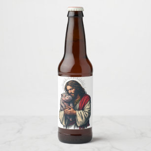 Jesus hält ein Baby Moo Deng Hippo Bierflaschenetikett