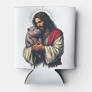 Jesus hält ein Baby Moo Deng Hippo Dosenkühler