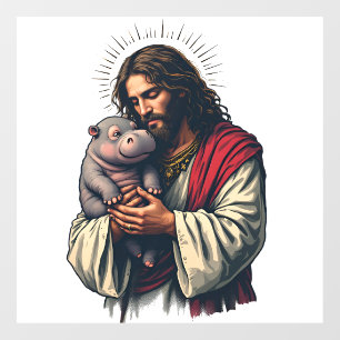 Jesus hält ein Baby Moo Deng Hippo Fensteraufkleber