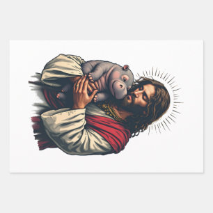 Jesus hält ein Baby Moo Deng Hippo Geschenkpapier Set