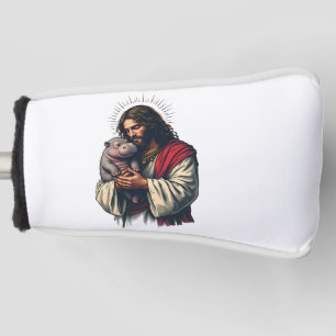 Jesus hält ein Baby Moo Deng Hippo Golf Headcover