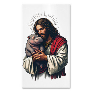 Jesus hält ein Baby Moo Deng Hippo Magnetische Visitenkarte