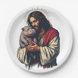 Jesus hält ein Baby Moo Deng Hippo Pappteller
