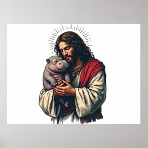Jesus hält ein Baby Moo Deng Hippo Poster