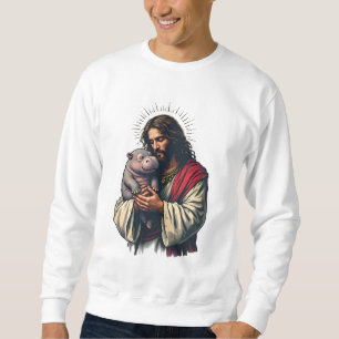 Jesus hält ein Baby Moo Deng Hippo Sweatshirt