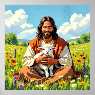 Jesus hält ein Lamm   Religiöses Ostern Poster