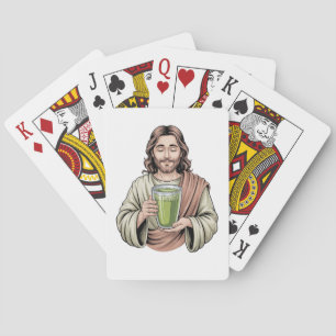Jesus hält ein Matcha-Grüntee-Getränk Christlich Spielkarten