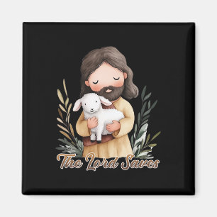 Jesus hält ein weißes Lamm Magnet