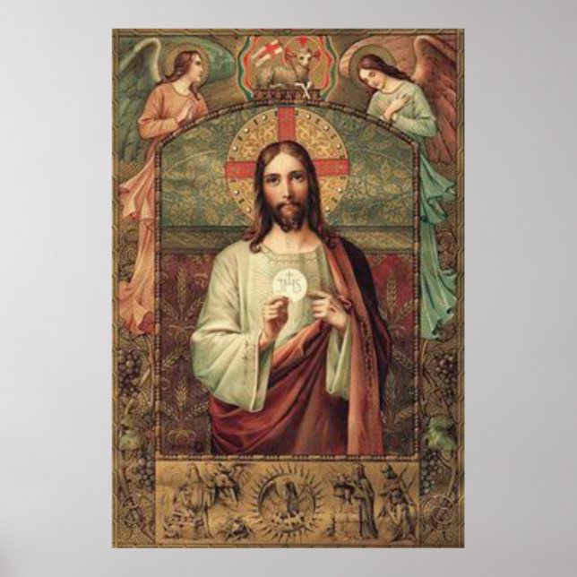 Jesus hält Eucharist Gastgeber mit Engeln oben Poster (Vorne)
