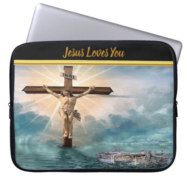 Jesus hängt an einem christlichen Kreuzungskreuz Laptopschutzhülle (Vorderseite)