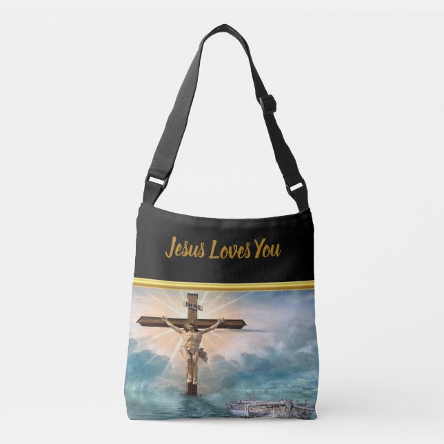 Jesus hängt an einem christlichen Kreuzungskreuz Tragetaschen Mit Langen Trägern (Vorderseite)