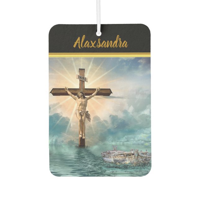 Jesus hängt von einem christlichen Kreuzungskreuz. Autolufterfrischer (Vorderseite)