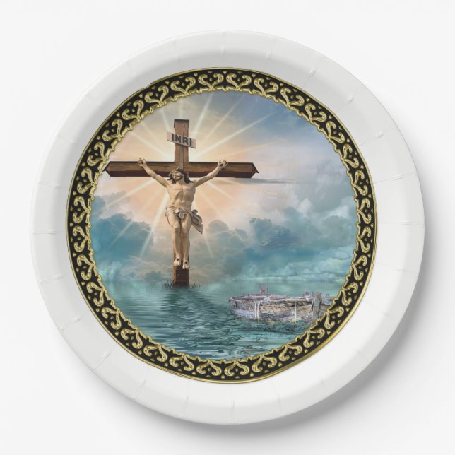 Jesus hängt von einem christlichen Kreuzungskreuz. Pappteller (Vorderseite)