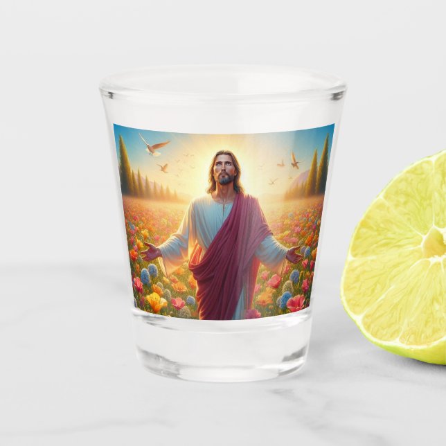 Jesus hat eine Brille geschossen! Schnapsglas (Vorderseite)