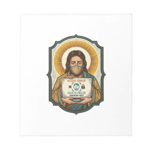 Jesus hat Gesichtsentriegelung mit Maske bei Tech- Notizblock