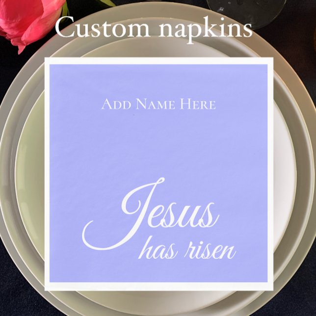 Jesus hat Lila Christliches Ostern nach Maß aufget Serviette (Add your custom text to personalize these purple blue bell Jesus has risen Easter napkins.)