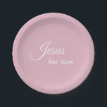 Jesus hat Pastel Pink Christlichen Ostern Pappteller<br><div class="desc">"Jesus hat aufgewachsen" geschrieben in elegantem weißen Skript wird den Ostertisch durch Glauben inspirieren. Diese hellrosa, modernen Script-Papier-Teller werden auf Ihrem Ostertisch großartig aussehen. Die massiv pastellrosa Farbe stammt aus dem Foto der Frühlingsfoto-Blume. Fügen Sie ein paar geschnittene Blume, ein paar Blüten und ein Glas für eine schicke, stilvolle Ostertafel...</div>