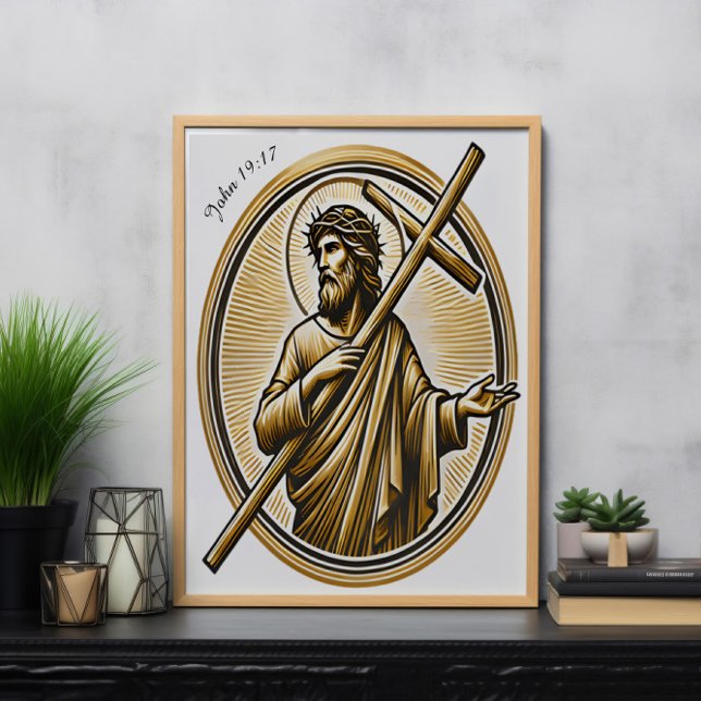 Jesus hebt Goldenes Kreuz mit Liebe auf Poster (Von Creator hochgeladen)
