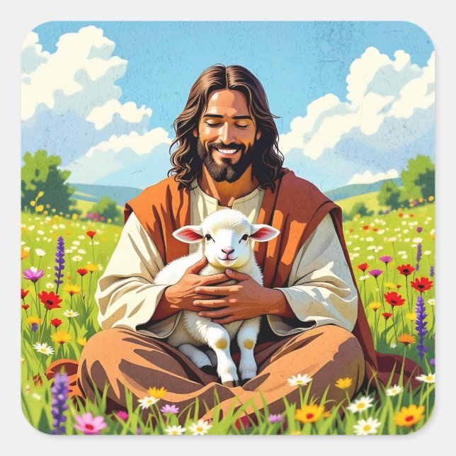 Jesus holding a Lamb | Religious Christian Quadratischer Aufkleber (Vorderseite)