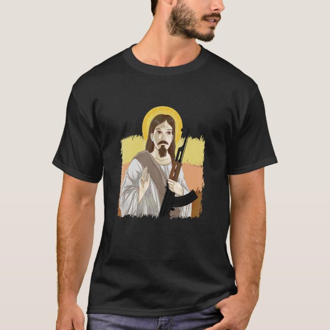 Jesus Holding Ak 47 Gun Metal Gefährlich Ak 47 T-Shirt (Vorderseite)