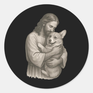 Jesus Holding Corgi Runder Aufkleber