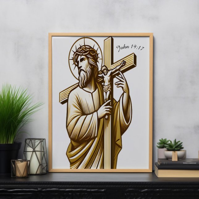 Jesus Holding Gold Cross in Hingabe Poster (Von Creator hochgeladen)