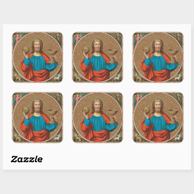 Jesus Holding Up the Eucharist (SNV 050) Quadratischer Aufkleber (Blatt)