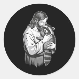 Jesus Hugging Raccoon _1 Runder Aufkleber