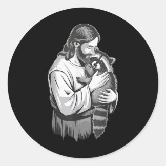 Jesus Hugging Raccoon _1 Runder Aufkleber