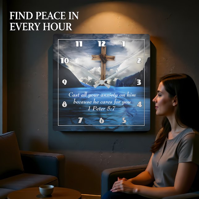 Jesus im Wasser 1 Peter 5:7 Quadratische Wanduhr (Von Creator hochgeladen)
