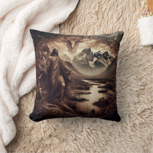 Jesus in den Bergen und Fluss in der Natur Kissen