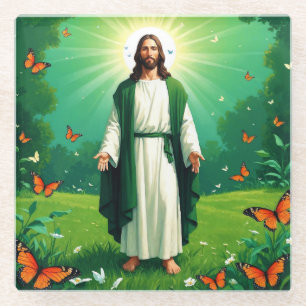 Jesus in einem Garten umgeben von Schmetterlingen Glasuntersetzer
