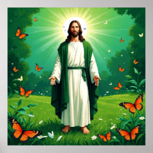 Jesus in einem Garten umgeben von Schmetterlingen Poster