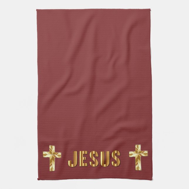 Jesus in Gold auf Burgund Küchentücher (Vertikal)