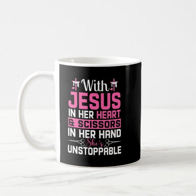 Jesus in ihrer Herzschere in ihrer Hand ist sie ni Kaffeetasse (Links)