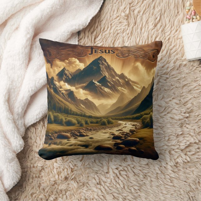 Jesus in majestätischer Berglandschaft mit Fluss Kissen (Decke)