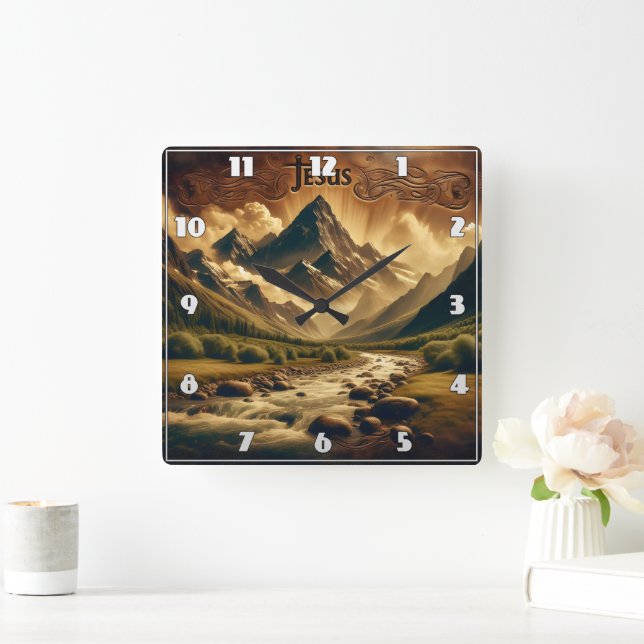 Jesus in majestätischer Berglandschaft mit Fluss Quadratische Wanduhr (Zuhause)